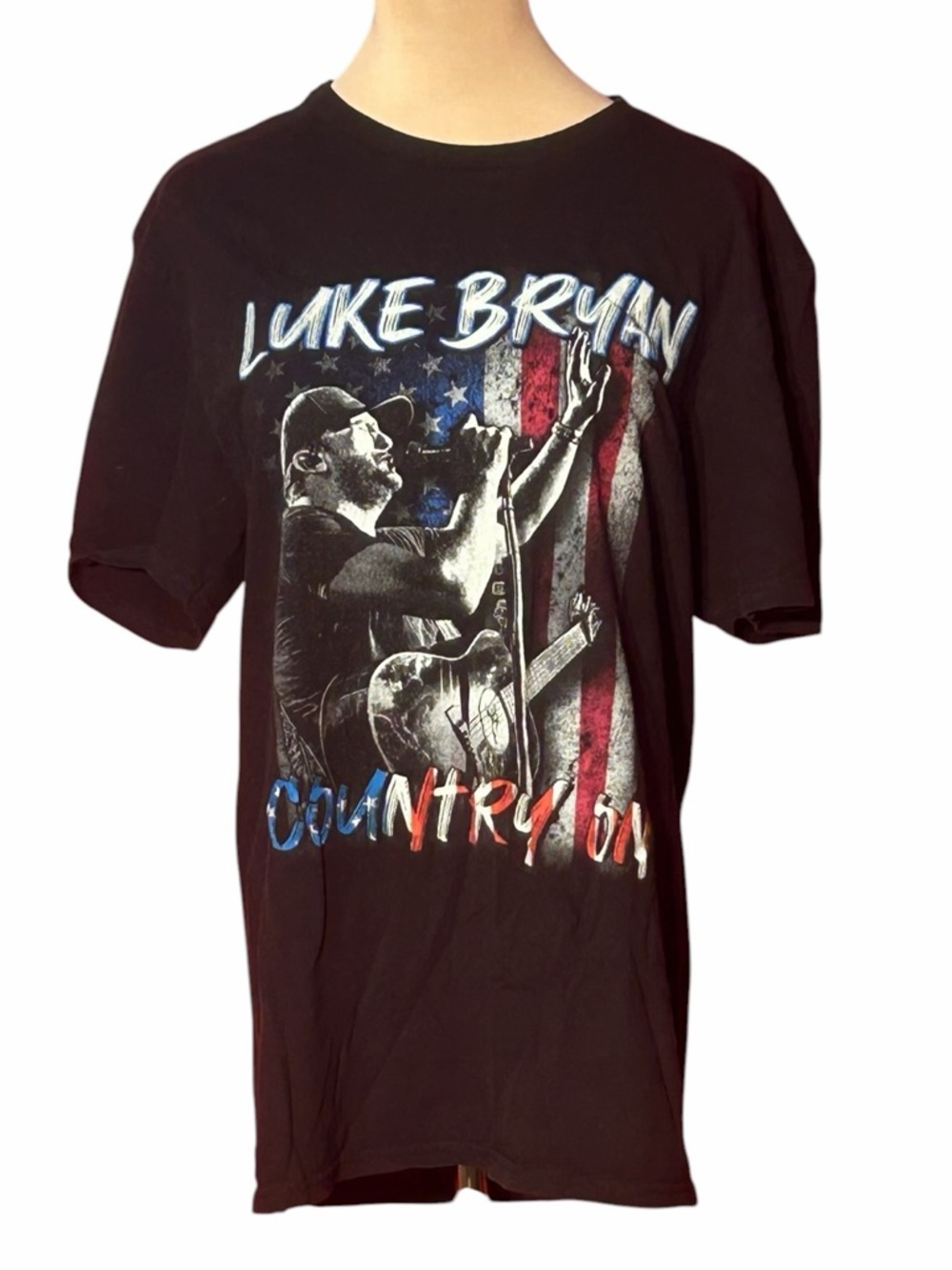 Luke Bryan Country On Graphic Tee Black American Flag Large